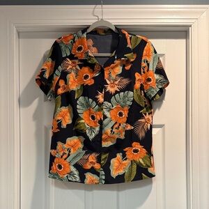 SHEIN Orange Floral Button Down Shirt